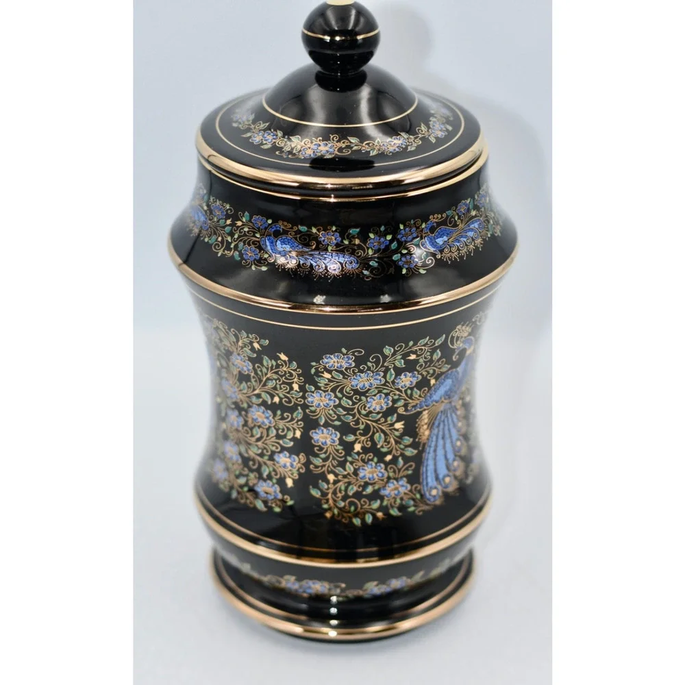Anapale Greece Back Lidded Canister Jar 24k Gilded Hand Painted Peacock Birds